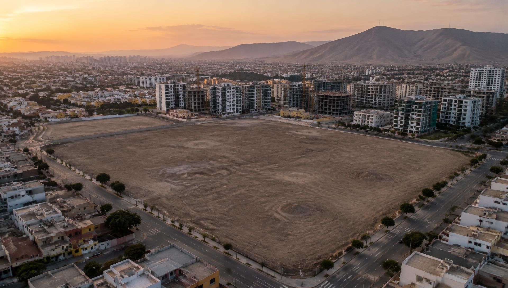 Vista aérea de un terreno amplio rodeado de ciudad y nuevas edificaciones
